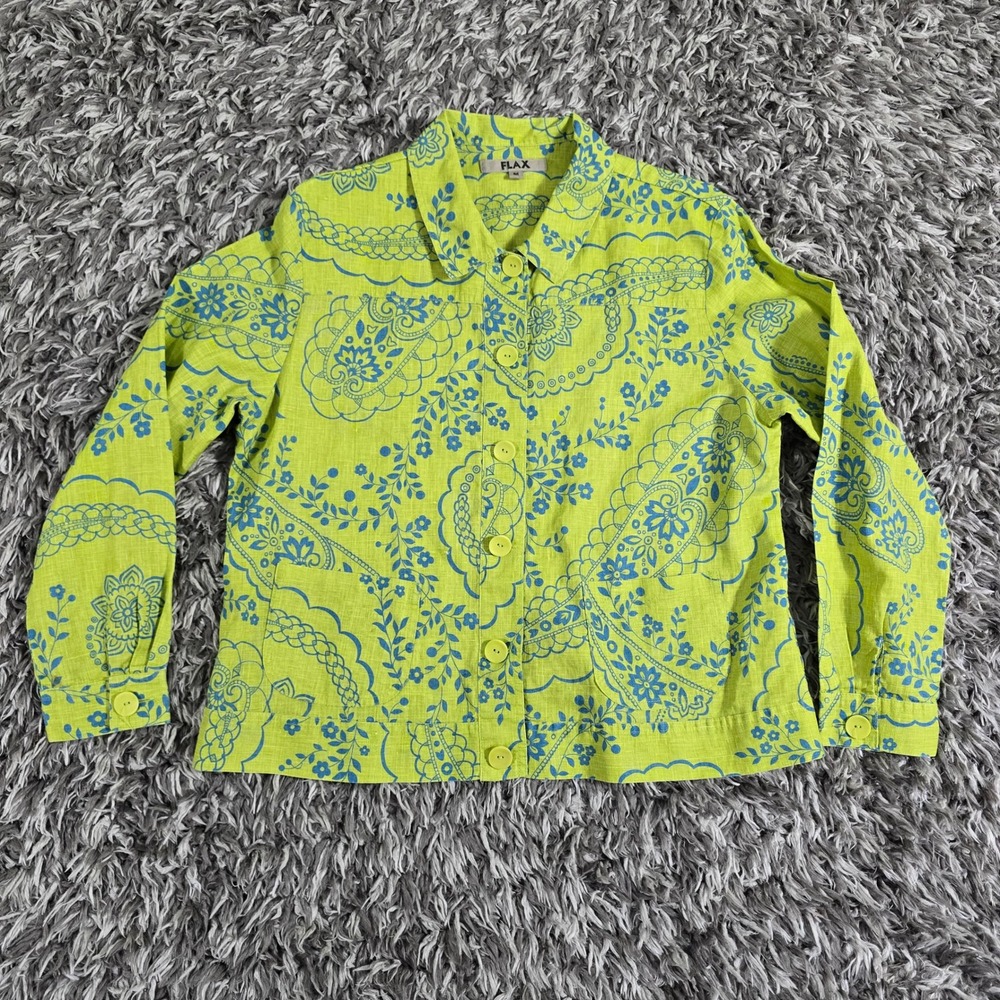 FLAX Linen Button Up Shirt Jacket Lime Green Blue Paisley Floral Size M 3612